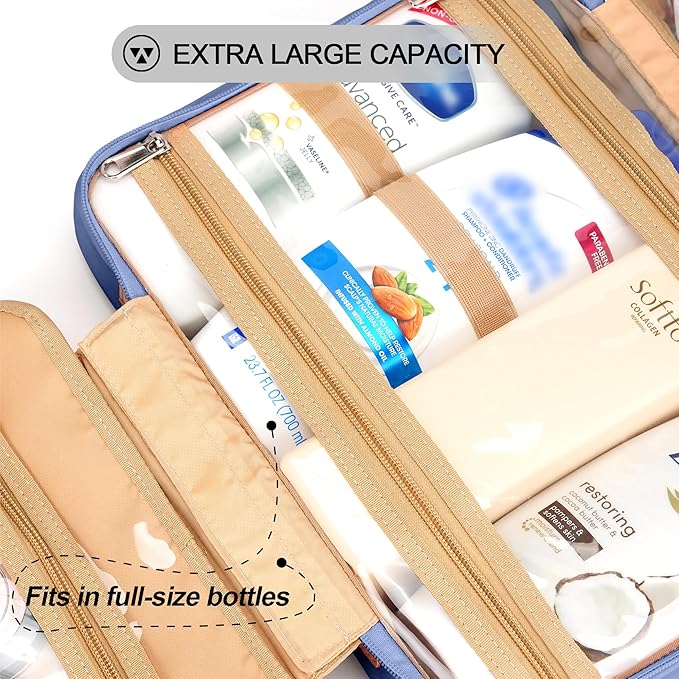 Travel Hanging Toiletry Bag for Women, Cruise Ship Essentials, with Jewelry Organizer, Extra Large Makeup Dopp Kit, Waterproof Cosmetic Bags, Toiletries Kit Set with Trolley Belt, Blue