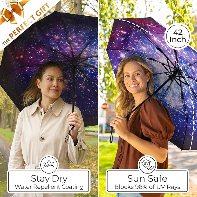 TUMELLA Strongest Windproof Travel Umbrella (Compact, Superior & Beautiful), Small, Wind-Tested, Light & Portable, Automatic Folding Rain Umbrella, Durable Premium Grip, Fits Car and Backpack