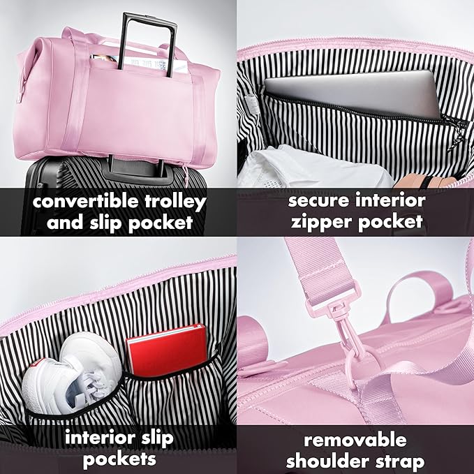 Fit & Fresh Neoprene Weekender Bag for Women – Carry-On Friendly Travel Duffel with Expandable Sides, Trolley Sleeve & Pockets – Lightweight, Water-Resistant Overnight Bag for Weekend Trips + Gym