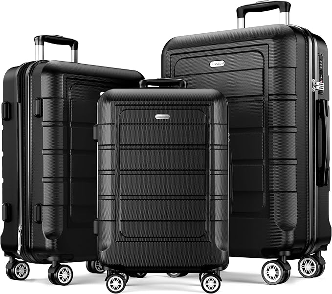 SHOWKOO Luggage Sets Expandable 100% PC Durable Suitcase Double Wheels TSA Lock Black