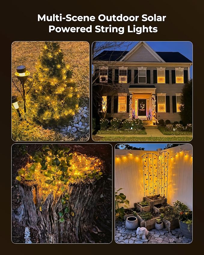 Minetom Solar Fairy Lights,33Ft 100 LED String Lights Outdoor with 8 Modes | IP65 Waterproof Twinkle Lights Outdoor & Indoor, Patio Lights for Tree Garden Christmas Party Wedding Decor Warm White