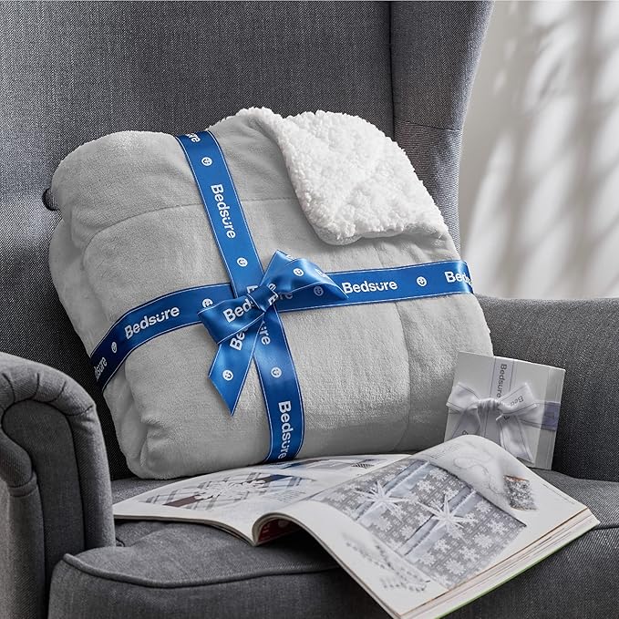 Bedsure GentleSoft Sherpa Fleece Blankets King Size for Bed, Non-Heated, Thick and Warm Throw for Women and Men, Soft Fuzzy Plush King Blanket for Winter, Light Grey, 108x90 Inches