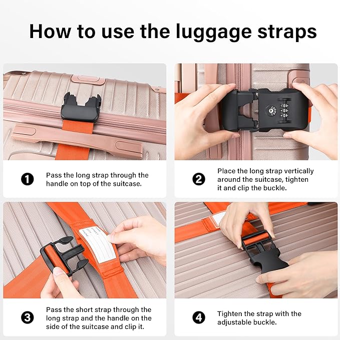 Luggage Straps, Orange TSA Approved Luggage Strap Belt with Combination Lock for Suitcases, 2 Pack Adjustable Heavy Duty Cross Suitcase Straps with Name Tags for Travel, Carry On Bags, Protect Luggage