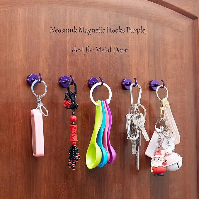 Neosmuk Magnetic Hooks,Heavy Duty Earth Magnets with Hook for Refrigerator, Extra Strong Cruise Hook for Hanging, Magnetic Hanger for Cabins, Grill (Purple, 6 Pack)