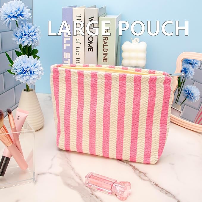 Makeup Bag Large Cotton Zipper Pouch for Purse Travel Canvas Make Up Organizer for Women Cosmetic,Stripe Pink