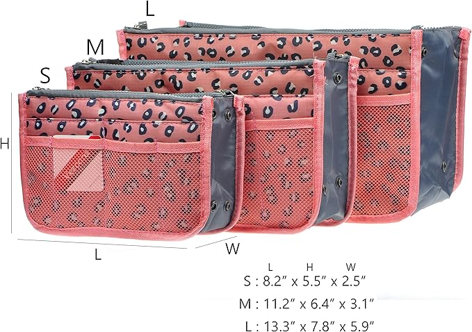 Vercord Purse Organizer Insert for Handbags Bag Organizers Inside Tote Pocketbook Women Nurse Nylon 13 Pockets Pink Leopard Large