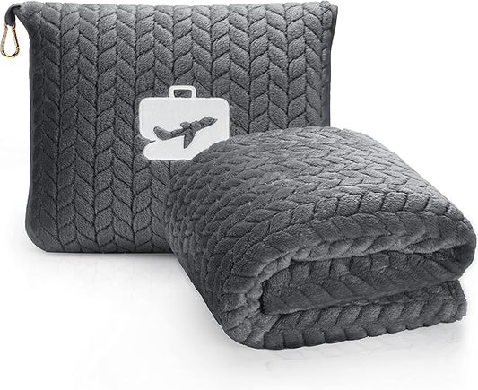 EverSnug Travel Blanket & Pillow 68x42 - Premium Ultra-Soft Microfleece 2 in 1 Compact & Packable Flight Blanket with Soft Bag Pillowcase, Hand Luggage Sleeve and Backpack Clip (Grey)