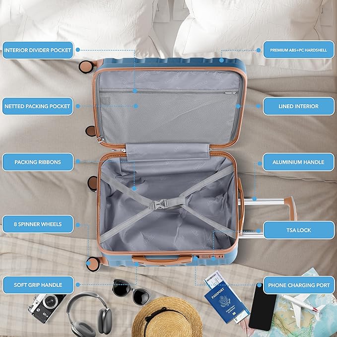 Flight Knight 24x16x10 Expandable Carry On Suitcase Hardside TSA Lock USB C Lightweight Luggage Silent Double Spinner Wheels Maximum Overhead Carry-On Bag For Virgin South West Approved Blue/Tan