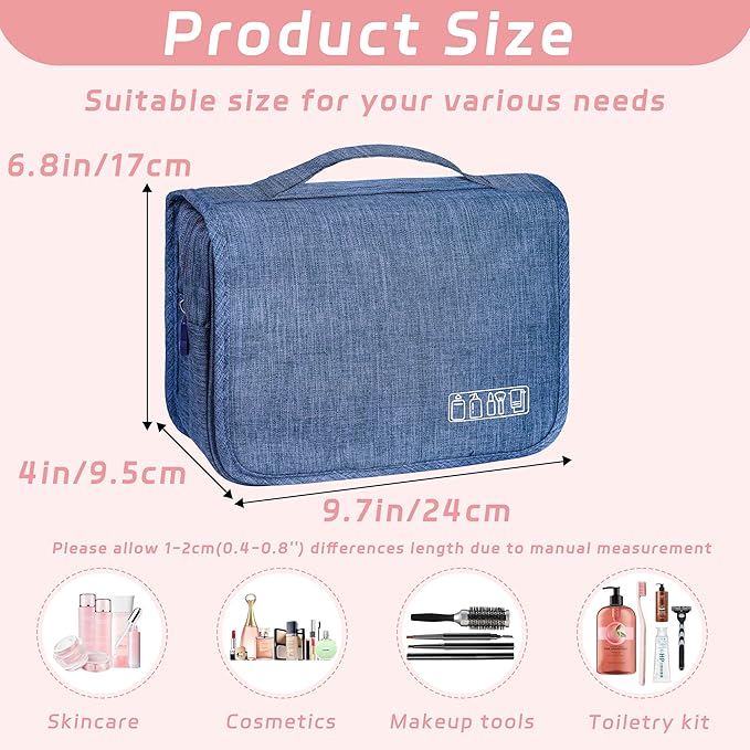 Toiletry Bag Travel Bag with Hanging Hook, Waterproof Capacity Hanging Multifunctional Makeup Bag for Toiletries, Portable Cosmetic Bag Travel Organizer for Women and Men(Navy Blue)