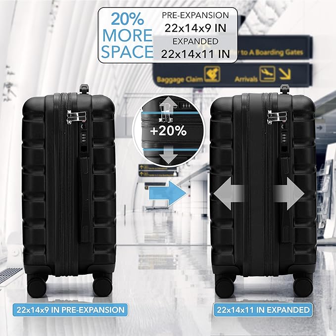 Flight Knight 22x14x9" Expandable Carry On Suitcase Hardside TSA Lock USB C Port Lightweight Luggage Silent Double Spinner Wheels Maximum Overhead Carry-On Bag For American & United Approved Airlines