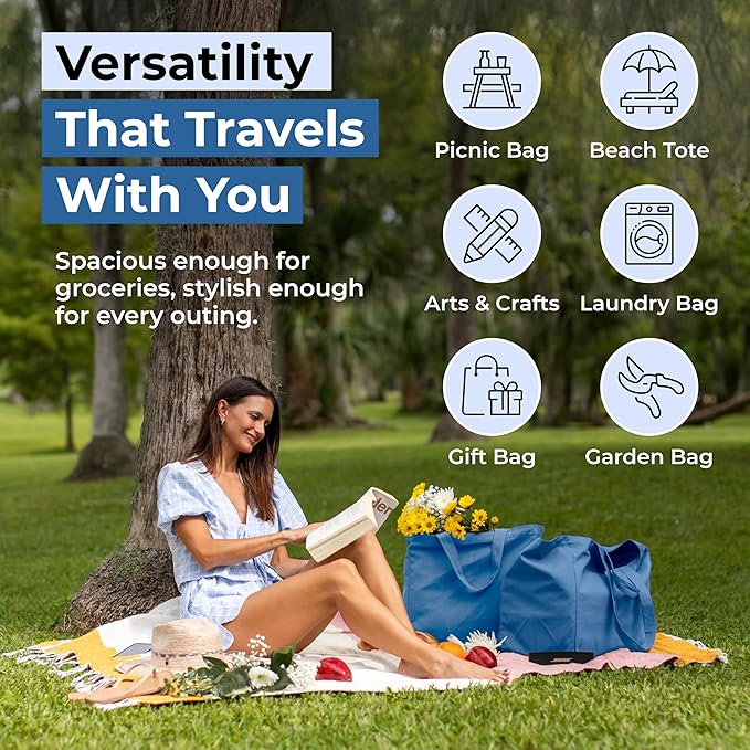 VeraMia Canvas Grocery Bag 3pc XL Set with Real Pockets, Long Shoulder Strap and Short Handle. Heavy Duty, Foldable, Washable