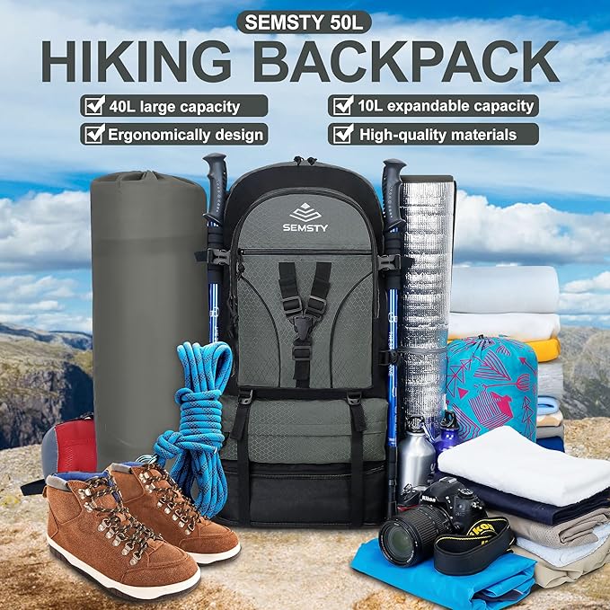 40L/50L Expandable Hiking Backpack for Men and Women, Travel Camping Backpack Flight Approved