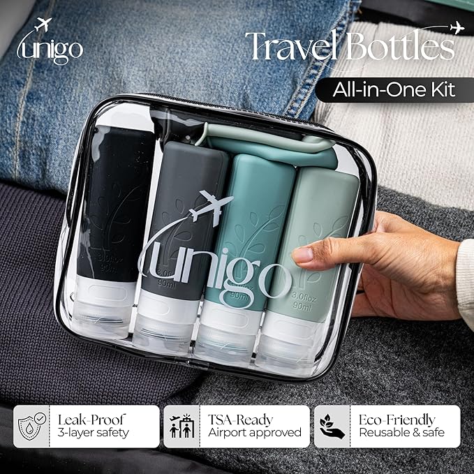 unigo Travel Bottles Set for Toiletries - Leakproof Refillable Travel Size Containers, TSA Approved Bottles with Labels, Brush & Covers for Carry-On Travel