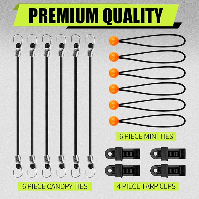 CARTMAN 30pcs Heavy Duty Bungee Cords with Hooks - Assortment in Jar, Including Tarp Clips, Canopy Ties & Ball Bungees for Secure Outdoor and Indoor Use