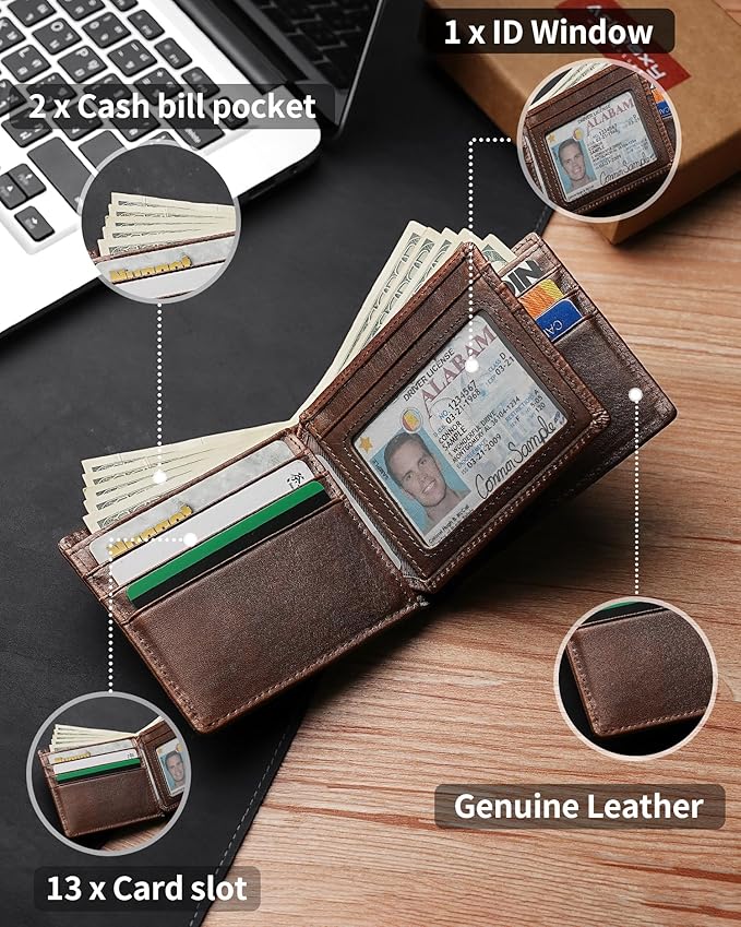 Artpaxy Mens Wallet Genuine Leather Bifold RFID Blocking Wallet for Men with 1 ID Window 13 Card Holders 2 cash pockets 1 Gift Box