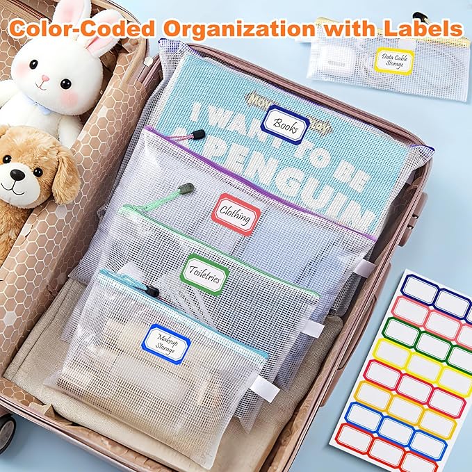 Mesh Zipper Pouch Bags: Clear Zipper Pouches for Classroom, Plastic Board Game Organizer and Storage, Multisize Clear Zipper Bags Waterproof for School and Office Supplies (6 Size, 12PCS, 6 Color)