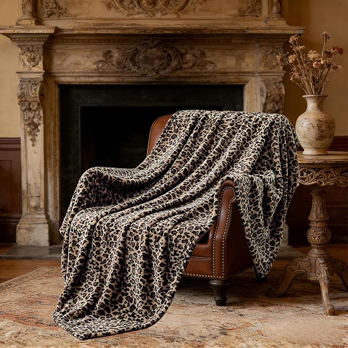 Leopard Print Blanket Fleece Throw for Bed Sofa Travel and Camping, Super Soft Cozy Fluffy Plush Cheetah Print Blanket for All Seasons 50"x60" (Mocha Brown)