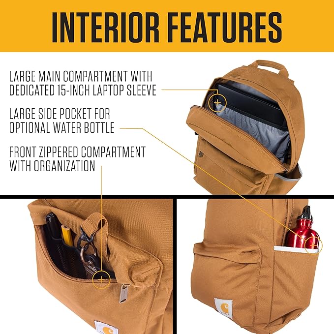 Carhartt 21L Classic Laptop Backpack, Water-Resistant Pack W/ 15" Laptop Sleeve and Organizational Compartments, Port