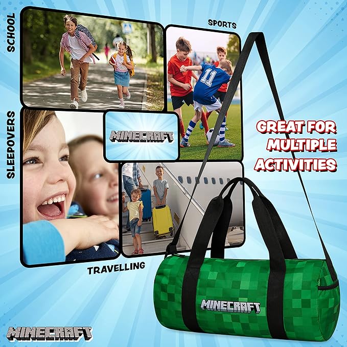 Minecraft Gym Bag for Kids Teens Duffle Bag Travel Overnight Sports Creeper Weekender Bag Carry On Holdall (Green, 16.14x7.08x7.48inches)