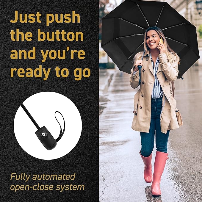 Windproof Compact Umbrella for Rain - 42” Travel Umbrella, Portable, Strong, Collapsible to 11”, Automatic Open Close Button, Vented Double Canopy with Fiberglass/Steel Frame, Wind Resistance to 55MPH