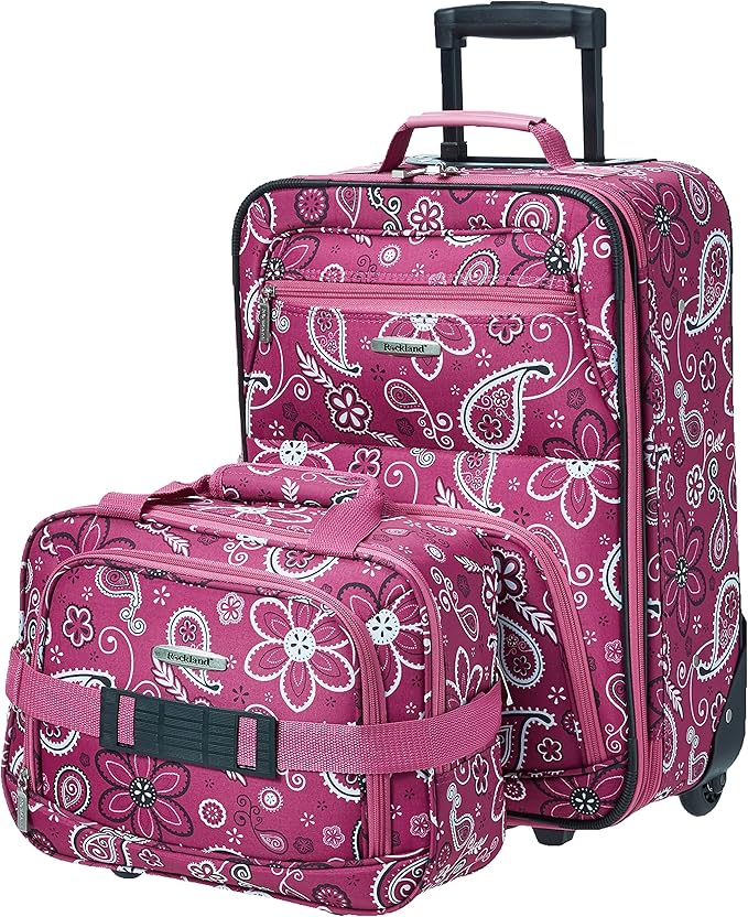 Rockland Fashion Softside Upright Luggage Set, Expandable, Wheel, Telescopic Handle, Pink Bandana, 2-Piece (14/19)