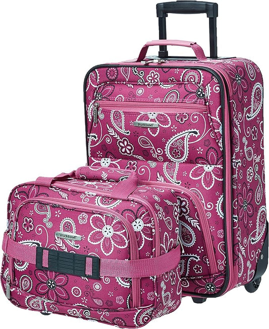 Rockland Fashion Softside Upright Luggage Set, Expandable, Wheel, Telescopic Handle, Pink Bandana, 2-Piece (14/19)