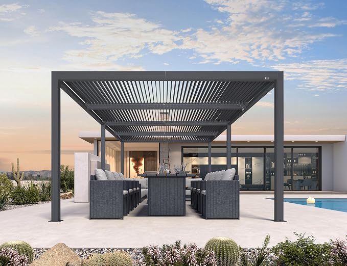 PURPLE LEAF Louvered Pergola 94AS 12' x 24' 53mph Wind Resist. Drainage Sys | Four Independently Adjustable Roofs, Zero-Rust Aluminum Construction, DIY-Friendly Assembly In Hours.
