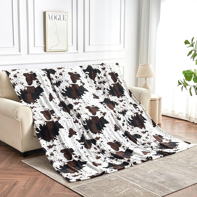 King Size Cow Blanket for Couch Bed, Soft Cozy Fleece Cow Printed Blanket for All Seasons 90"x108" (Dark Brown)