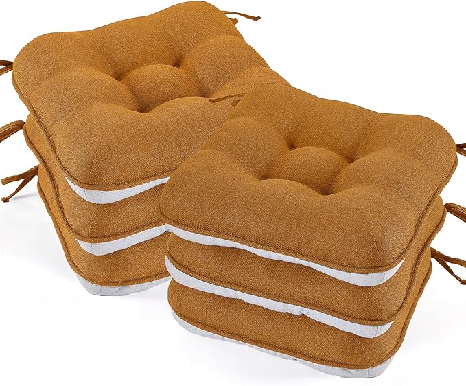 BETU Chair Cushions for Dining Chairs Set of 6,3.5" Thick Kitchen Table Chair Pads with Ties,Non Slip Backing and Covers, Seat Cushion for Dining Room,Bar,Patio Chairs,16"X16"X3.5",Caramel