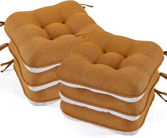 BETU Chair Cushions for Dining Chairs Set of 6,3.5" Thick Kitchen Table Chair Pads with Ties,Non Slip Backing and Covers, Seat Cushion for Dining Room,Bar,Patio Chairs,16"X16"X3.5",Caramel