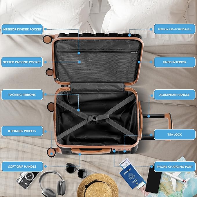 Flight Knight 22x14x9 Expandable Carry On Suitcase Hardside TSA Lock USB C Port Lightweight Luggage Silent Double Spinner Wheels Maximum Overhead Carry-On Bag American United Approved Black/Tan