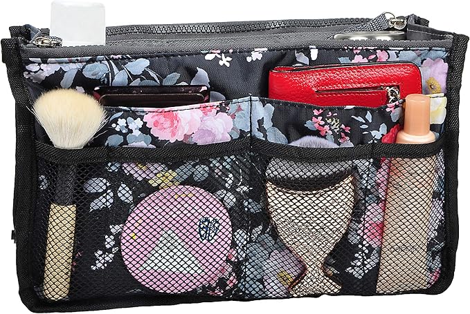 Vercord Purse Organizer Insert for Handbags Bag Organizers Inside Tote Pocketbook Women Nurse Nylon 13 Pockets Peony Flowers Small