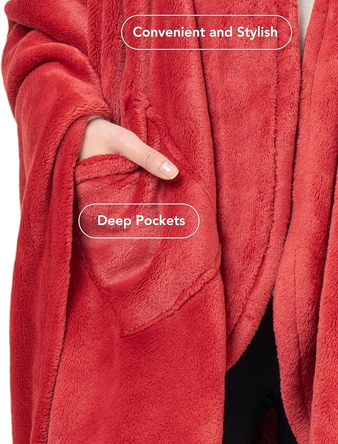 Berkshire Blanket Primalush™ Wearable Blanket, Cozy Loungewear Pocketed Plush Cape Wrap for Adults & Teens(Chili, One Size 58"X64")