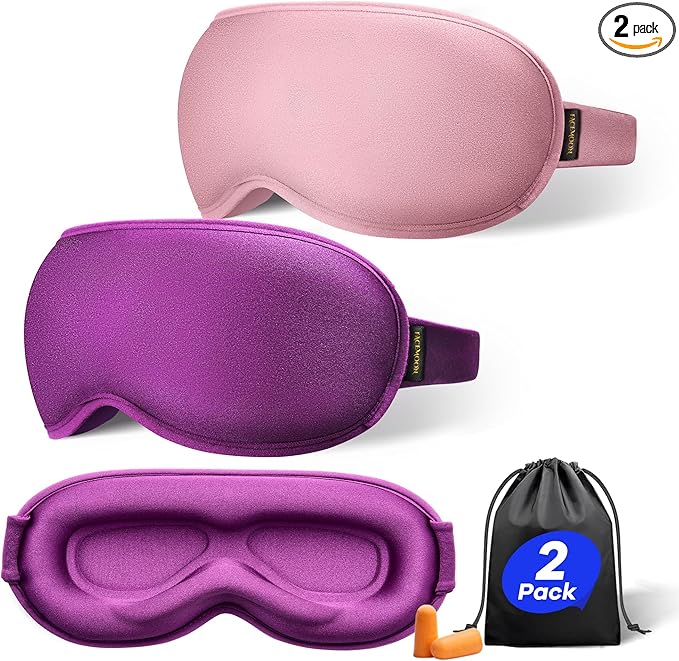 Weighted Sleep Mask 2 Pack - 3D Contoured Eye Masks for Sleep, Best Blackout Sleep Masks for Women Men, Eye Mask for Travel, Meditation, Airplane, Memory Foam, Adjustable Strap, Pink, Purple