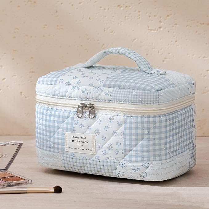 HBselect Quilted Makeup Bag, 3PCS Cotton Large Travel Makeup Bag, Cute Floral Coquette Make up Bag Cosmetic Bag Toiletry Bag for Women Girls