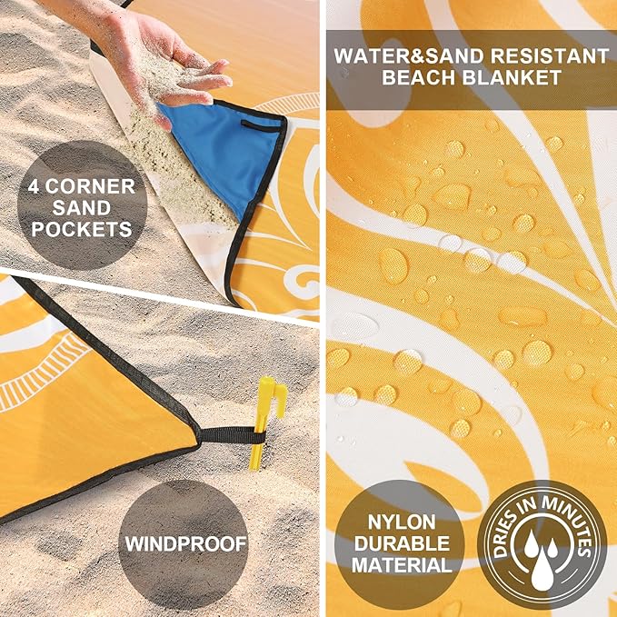 Beach Blanket Sandproof Extra Large Beach Mat Adults Waterproof Quick Drying Sand Free Mat Made by Premium Polyester with 4 Stakes & 4 Corner Pockets for Outdoor Travel Camping Hiking