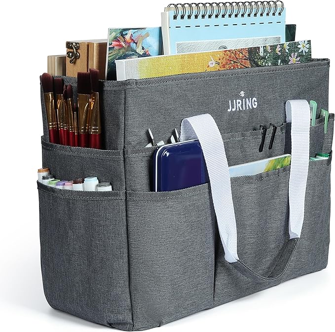 JJRING Craft Organizer Tote Bag, Large Art Storage Caddy with Multiple Pockets, Gray Sewing Bag for Art, Craft, Scrapbooking, School, Medical, and Office Supplies Storage