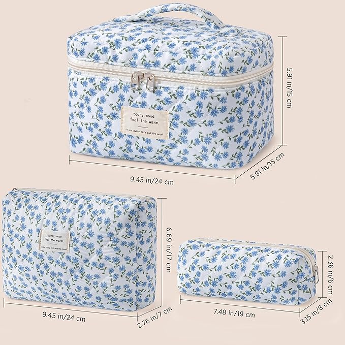 HBselect Quilted Makeup Bag, 3PCS Cotton Large Travel Makeup Bag, Cute Floral Coquette Make up Bag Cosmetic Bag Toiletry Bag for Women Girls