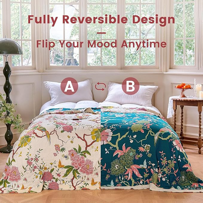 MSGKV The Boho Layer: 50"x60" Cotton Throw Blanket – Lightweight & Reversible Chinoiserie Floral & Bird Pattern, Spring Decorative Accent for Couch Snuggles, Bed Layers & Road Trips