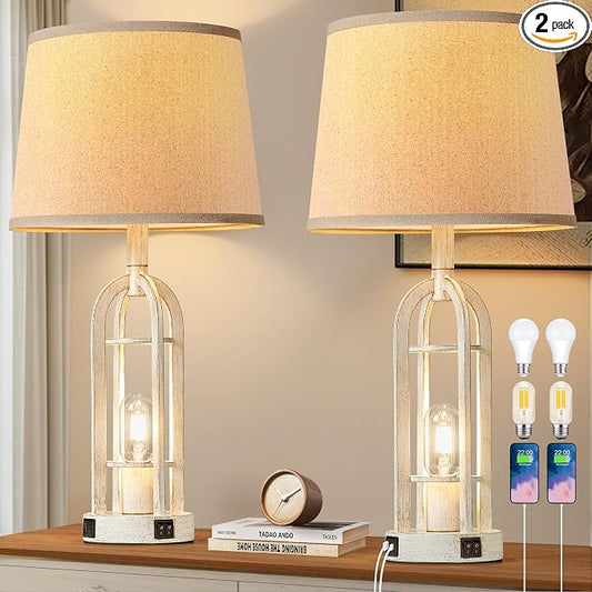 SRJJA Farmhouse Table Lamps for Living Room Set of 2 - Rustic Industrial Bedside Lamps for Bedroom Nightstand with Nightlight and USB A+C, 4 Bulbs Included