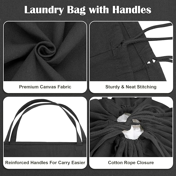 Canvas Laundry Bag 40"W x 35"H, Thick Canvas Laundry Bag with Handles & Drawstring, Extra Large Heavy Duty Washable Storage Sack (XXL, Black)