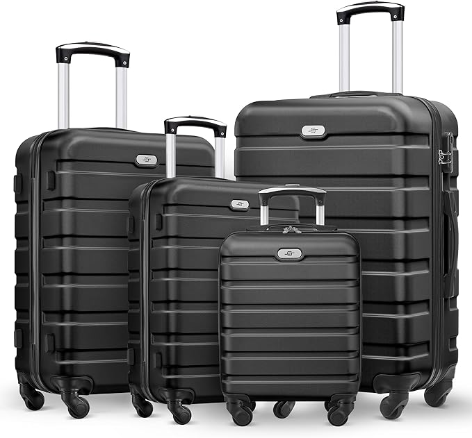 Suitour 4 Piece Luggage Sets, Hard Shell Suitcase Set with Spinner Wheels 16 20 24 28inch Travel Sets(Black)