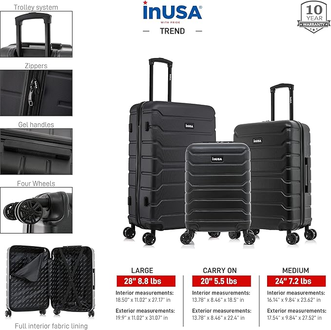 InUSA TREND Luggage with Spinner Wheels | Durable Lightweight Hardshell Suitcase,Travel sets with Handle and Trolley | (20in, 24in, 28in) 3 Piece Set | Black