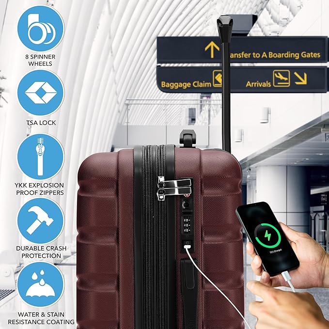 Flight Knight 22x14x9 Expandable Carry On Suitcase Hardside TSA Lock USB C Port Lightweight Luggage Silent Double Spinner Wheels Maximum Overhead Carry-On Bag For American United Approved Burgundy