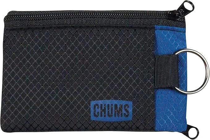 Chums Surfshorts Wallet - Lightweight Slim Wallet with RFID Blocking Card & Clear ID Window - Zippered, Water Resistant w/Key Ring (Black/Blue)