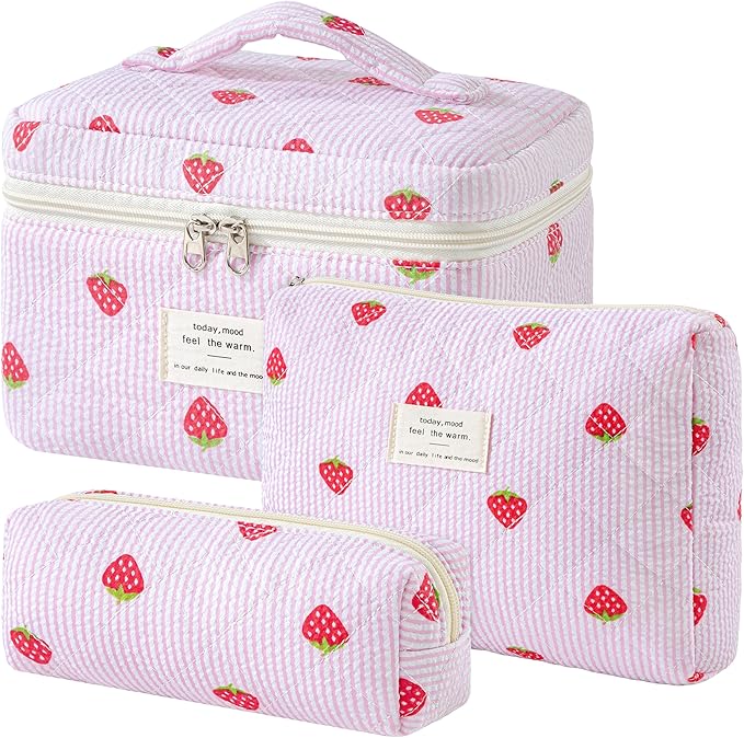 HBselect Quilted Makeup Bag, 3PCS Cotton Large Travel Makeup Bag, Cute Floral Coquette Make up Bag Cosmetic Bag Toiletry Bag for Women Girls