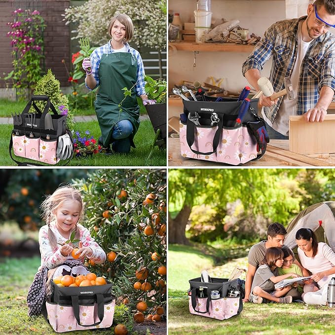 WORKPRO Garden Tool Bag Organizer, Heavy Duty Gardening Tote Bag with 10 Pockets and Long Adjustable Shoulder Strap, Standable Garden Home Tool Kits Organizer, Floral Pink (Tools are not Included)