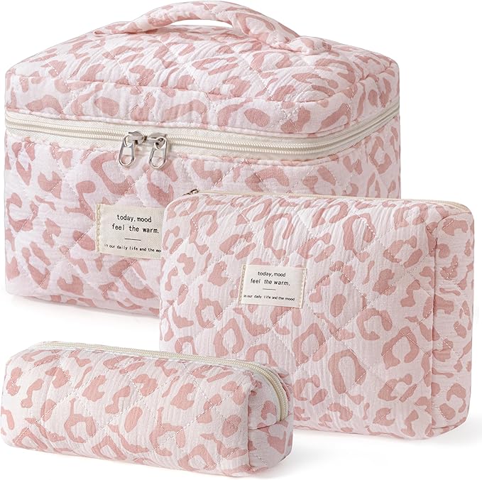 HBselect Quilted Makeup Bag, 3PCS Cotton Large Travel Makeup Bag, Cute Floral Coquette Make up Bag Cosmetic Bag Toiletry Bag for Women Girls