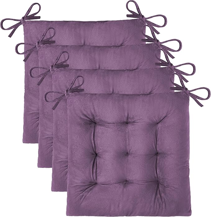 OVOV 4 Pack Chair Cushions for Dining Chairs Soft Seat Cushions for Kitchen Desk Chairs Square Chair Pads with Ties (15.5"x15.5" Purple)
