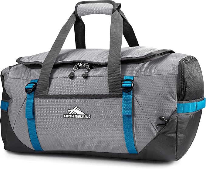 High Sierra Fairlead Convertible Duffel Bag, Lightweight and Durable Weekender Duffel, easily converts into backpack, 64L Capacity, Steel Gray/Mercury/Blue